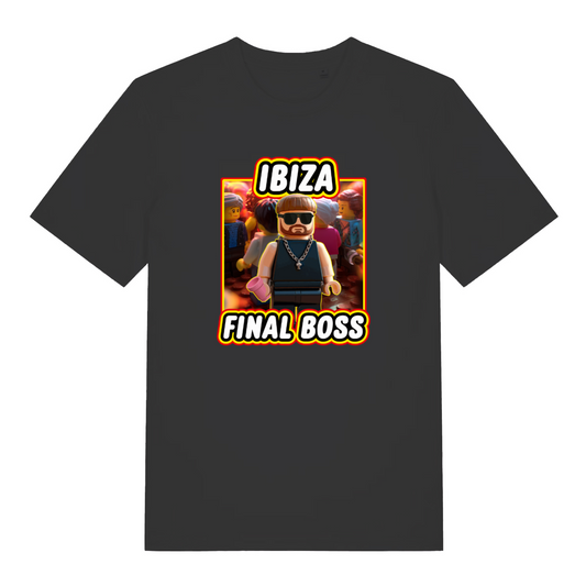 black funny graphic t-shirt with a block brick cartoon character and the slogan 'ibiza final boss'