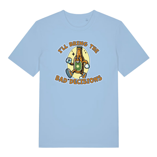light blue women's funny beer t-shirt with the graphic of a cartoon beer bottle and the slogan 'i'll bring the bad decisions'