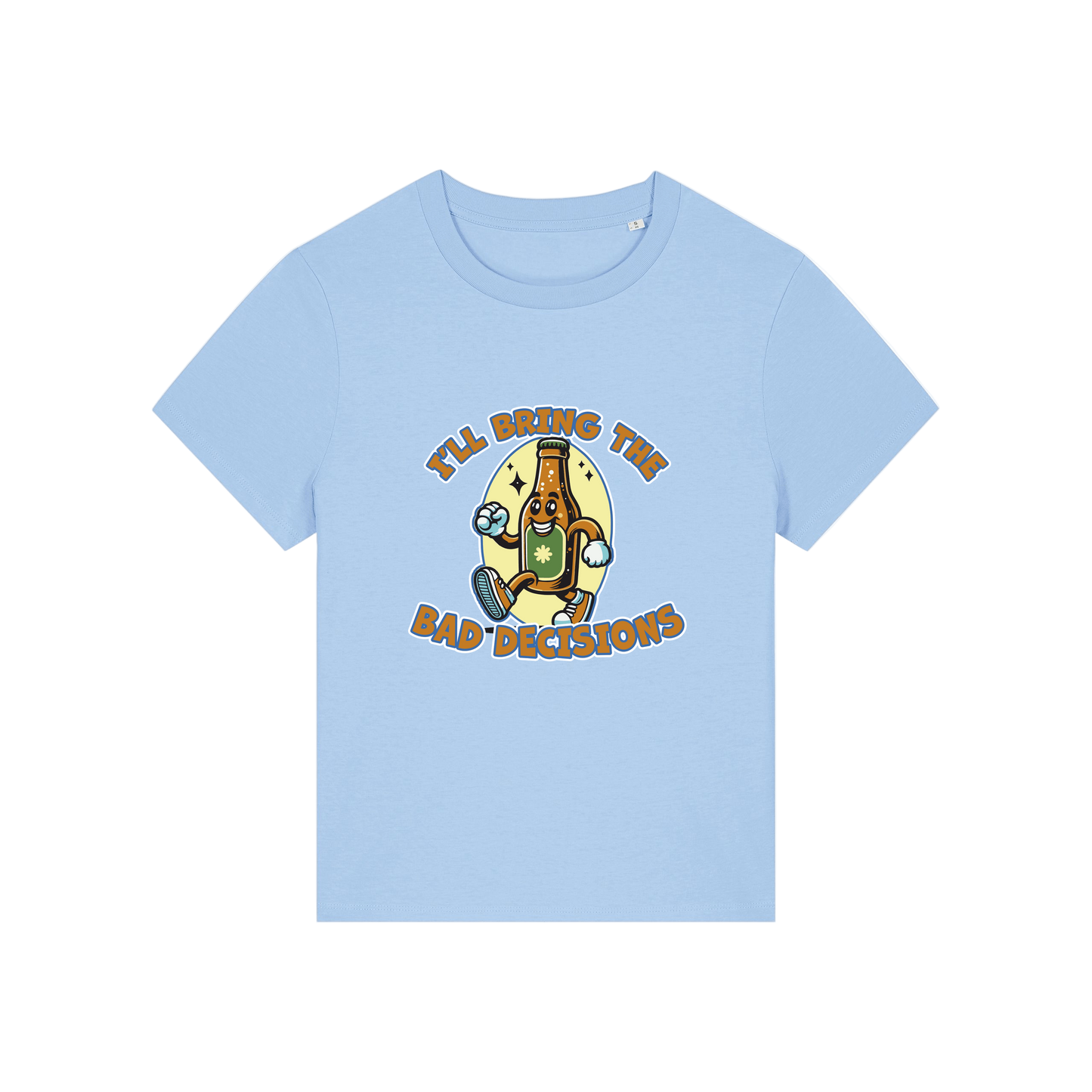 light blue funny graphic t-shirt with a cartoon beer bottle and the slogan 'i'll bring the bad decisions'