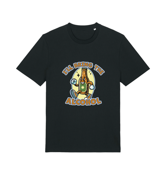 black matching t-shirt with the graphic of a cartoon beer bottle walking and the slogan 'ill bring the alcohol'