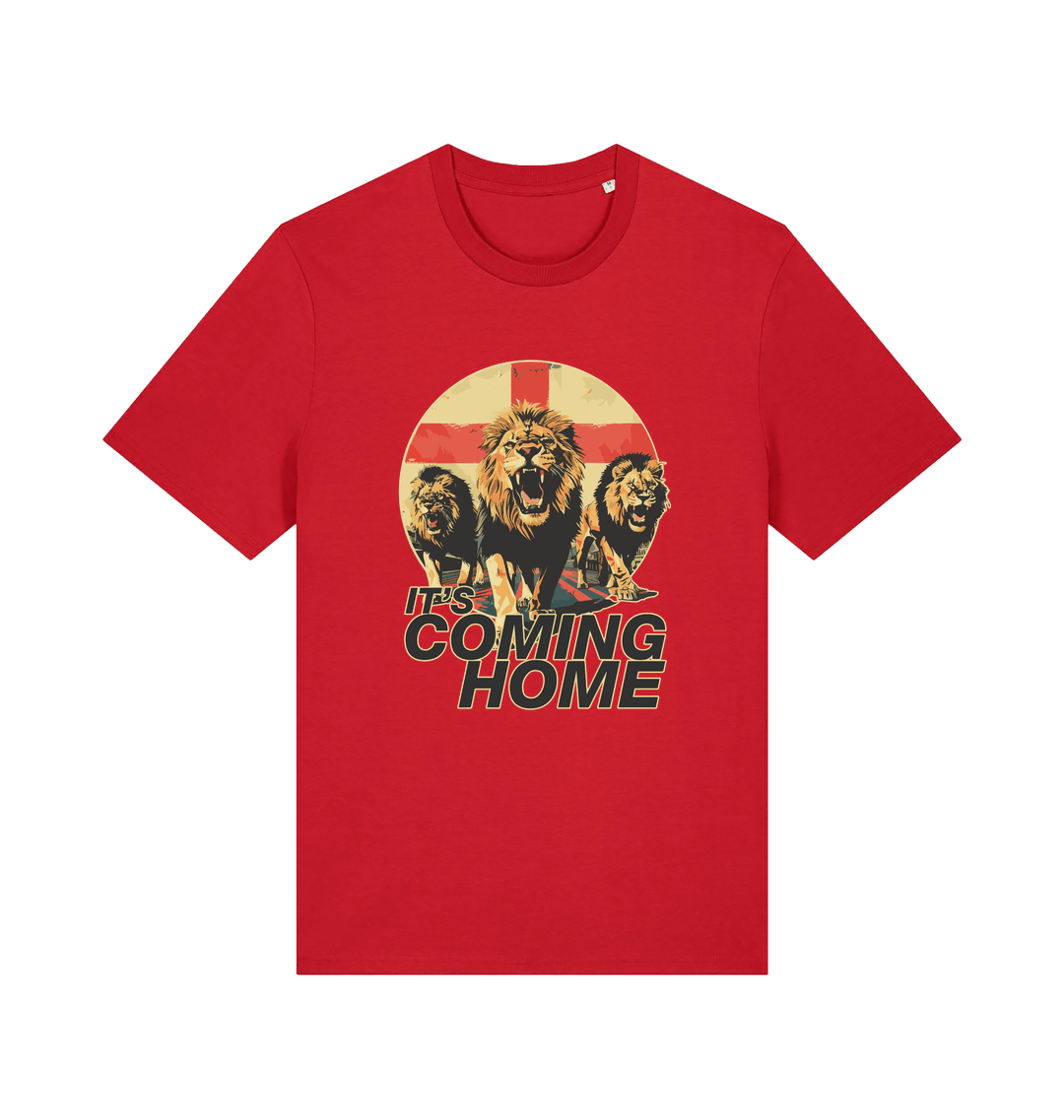 red football t-shirt with the graphic of three lions and the slogan 'it's coming home'