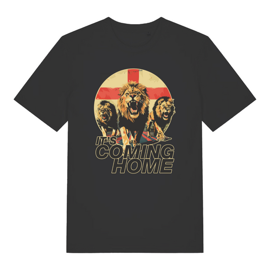 black women's football t-shirt with the graphic of three lions and the slogan 'it's coming home'