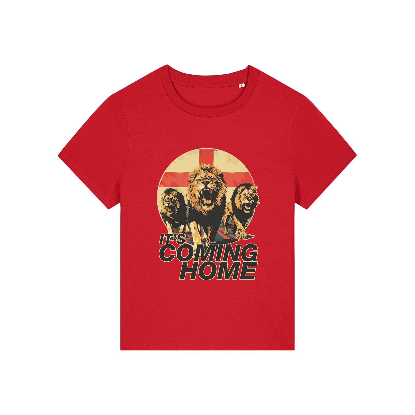 red sports t-shirt with the graphic of 3 lions and the slogan 'it's coming home'