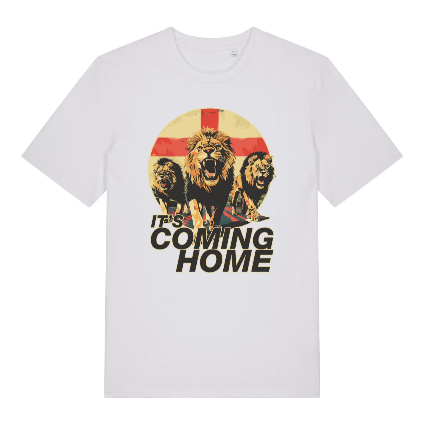 white women's football t-shirt with the graphic of three lions and the slogan 'it's coming home'