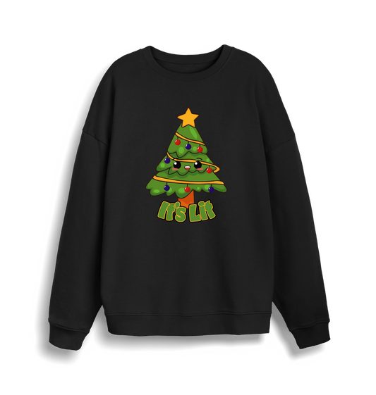 black christmas sweater with the graphic of a christmas tree and the slogan 'it's lit'