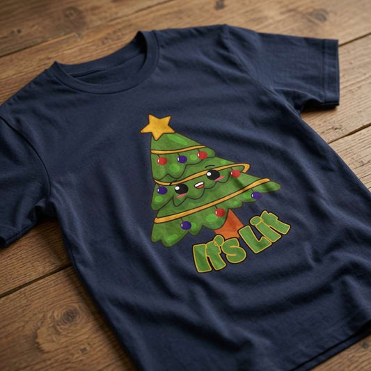 Navy It’s Lit t-shirt on wood featuring kawaii Christmas tree graphic, mens funny cheeky kawaii christmas tree