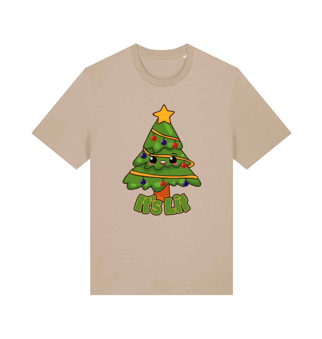 beige christmas t-shirt with the graphic of a christmas tree and the slogan 'it;'s lit'