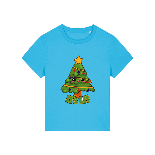 blue christmas t-shirt with the graphic of a christmas tree and the slogan 'it's lit'