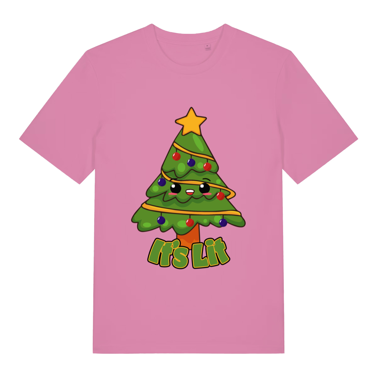 Pink women's It’s Lit funny graphic t-shirt featuring bright cartoon tree graphic and “It’s Lit” festive text