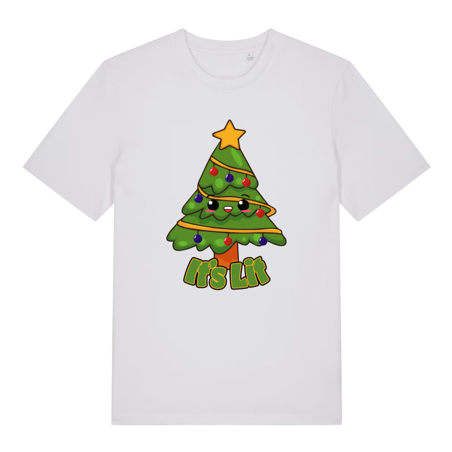 white women's christmas t-shirt with the graphic of a cartoon christmas tree and the text 'it's lit'