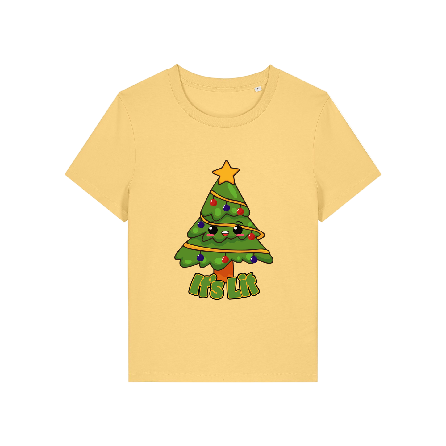yellow christmas t-shirt with the graphic of a christmas tree and the slogan 'it's lit'