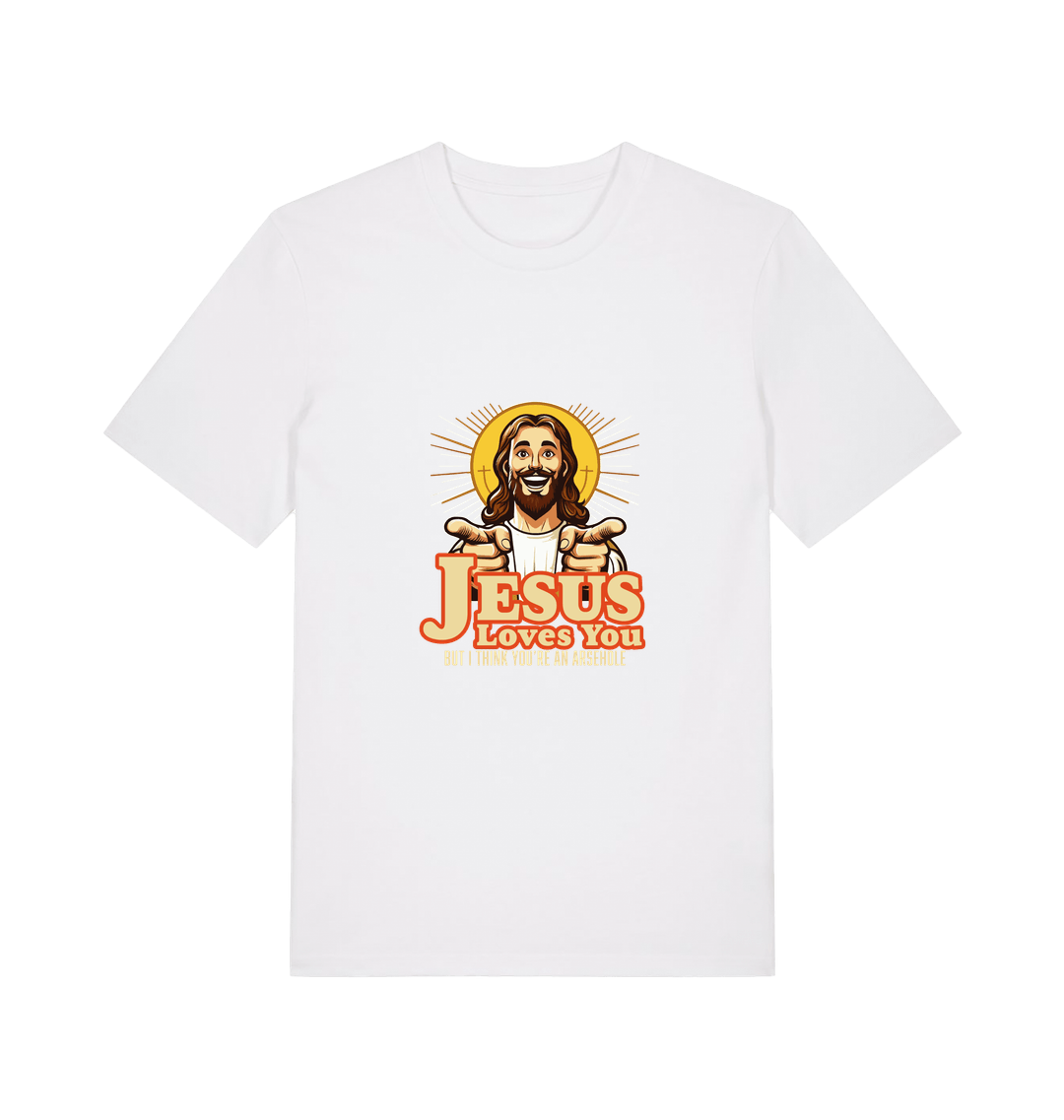 white funny offensive t-shirt with the graphic of jesus pointing his fingers and the slogan 'jesus loves you but i think you're and arsehole'