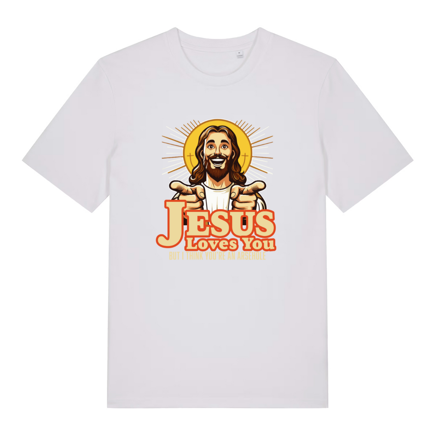 white women's funny jesus t-shirt with 'Jesus Loves You, But I Think You're an Asshole' graphic design