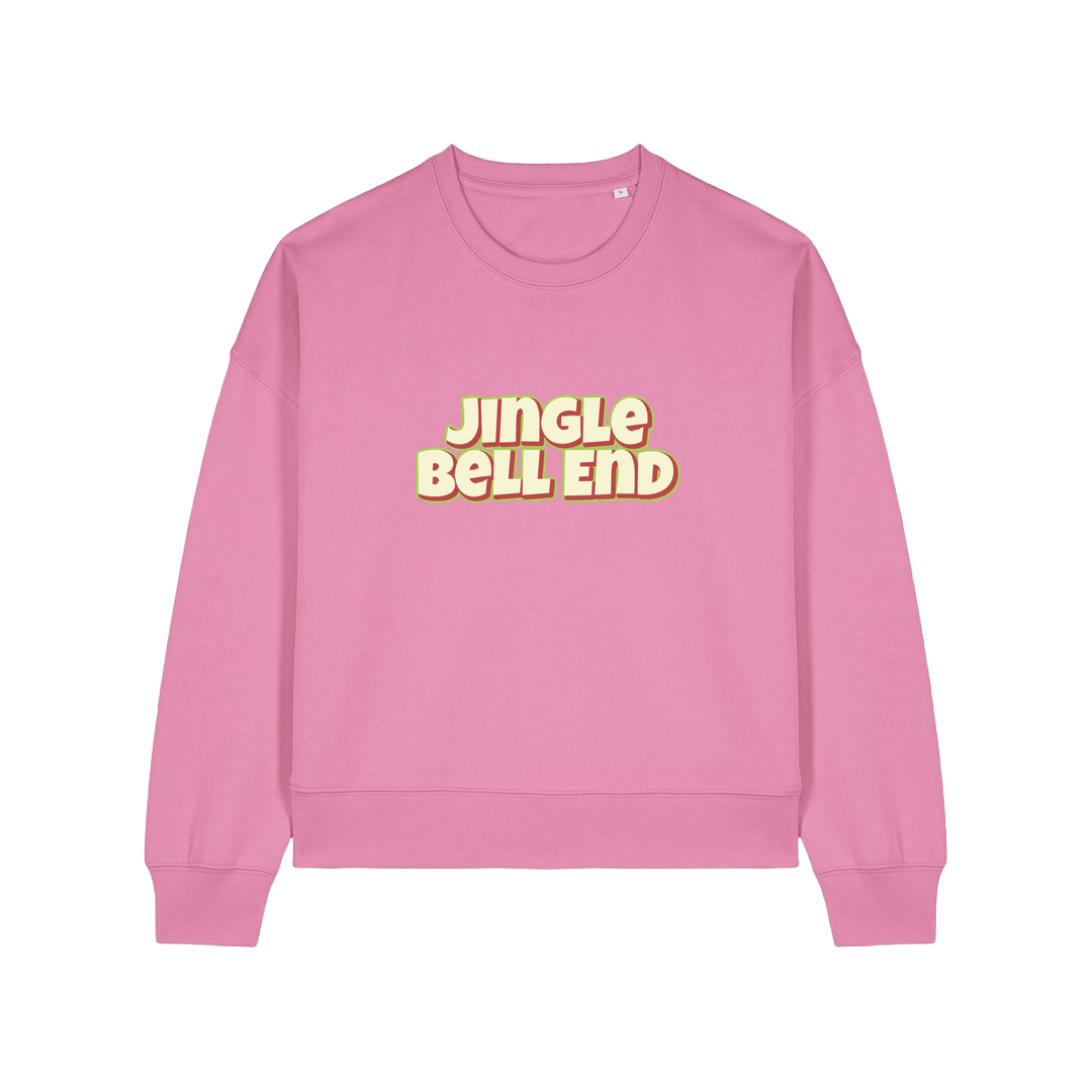 pink christmas sweater with the slogan 'jingle bellend'