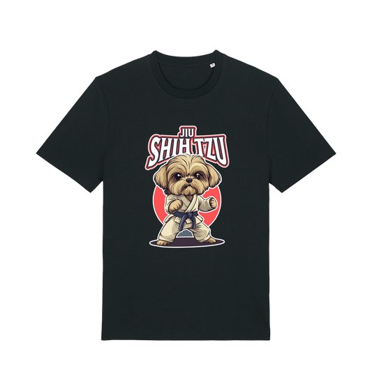 Black funny animal t-shirt with a Shih Tzu graphic wearing a martial arts uniform
