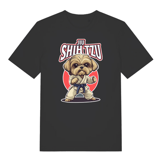 black women's funny animal t-shirt with the graphic of a dog dressed in a martial arts kit and the slogan 'jiu shihtzu'