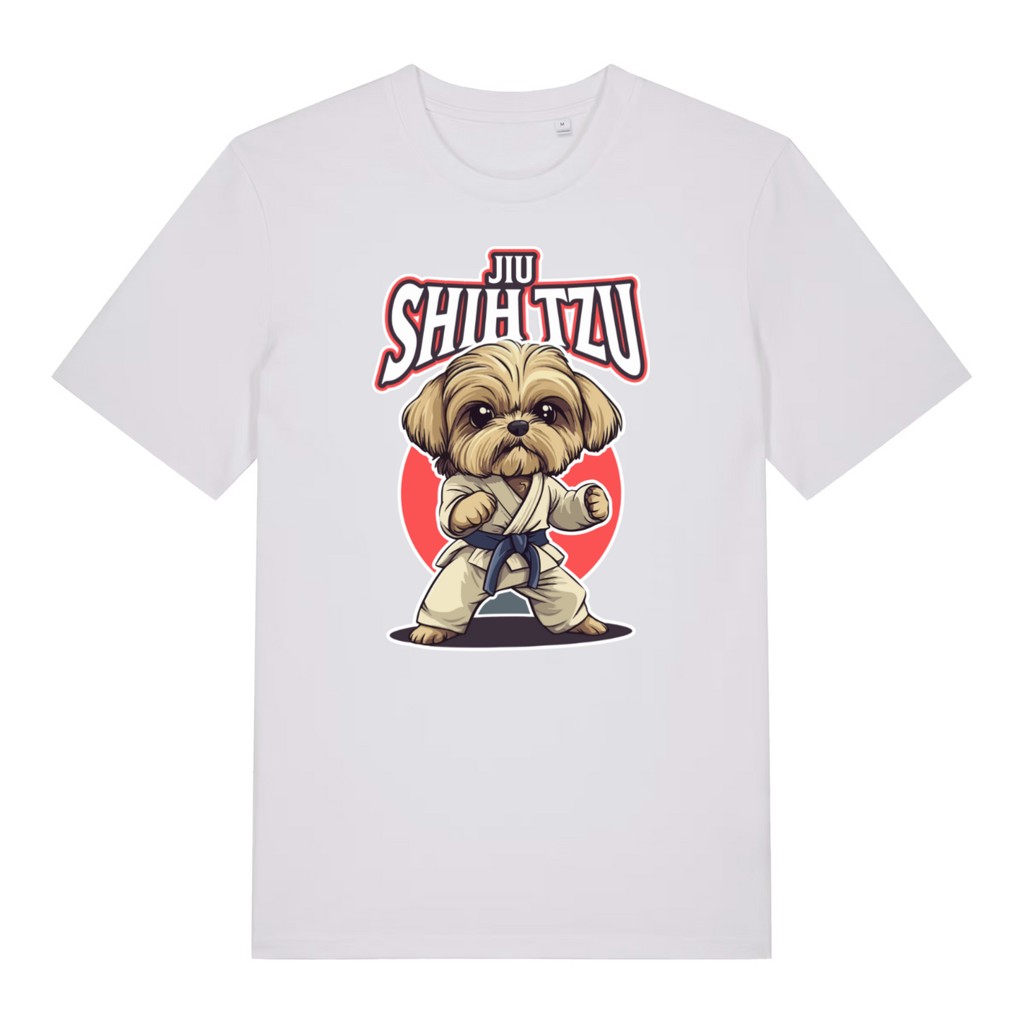 white women's funny animal t-shirt with the graphic of a dog dressed in a martial arts kit and the slogan 'jiu shihtzu'ite