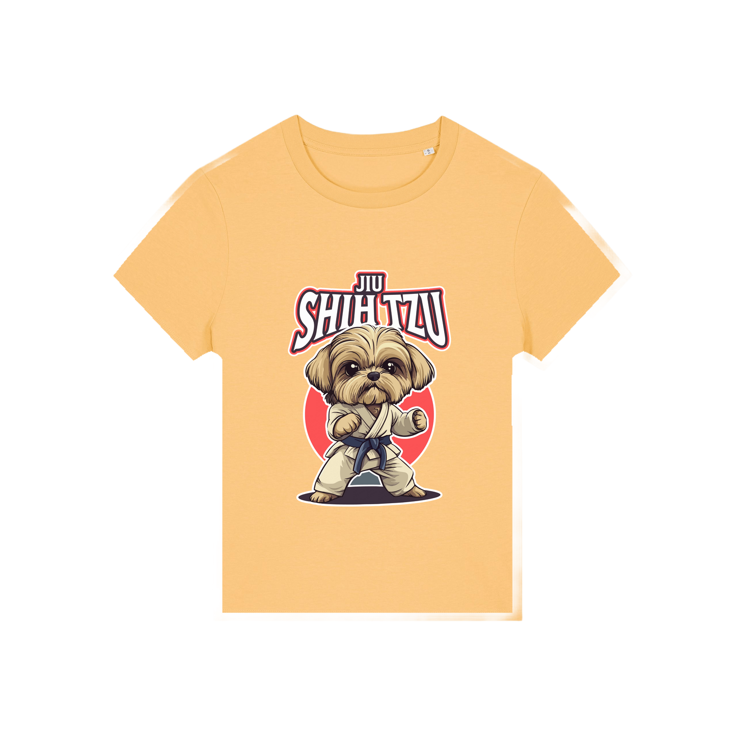 yellow funny animal t-shirt with the graphic of a dog in dobok and the slogan 'jiu shihtzu'