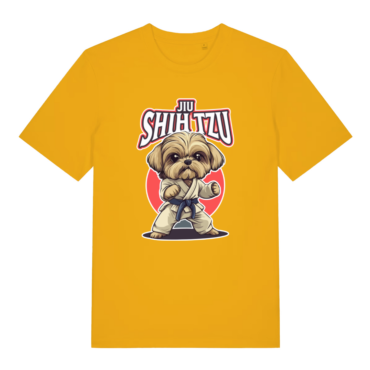 yellofunny animal t-shirt with a dog in a martial arts pose and 'Jiu Shih Tzu' text on