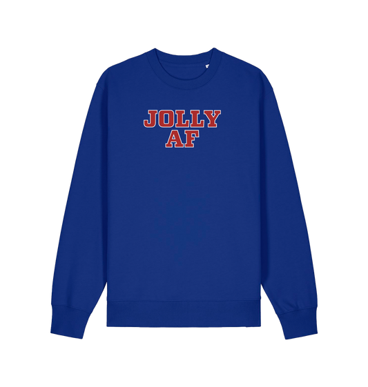 blue christmas sweater with the slogan 'jolly af'