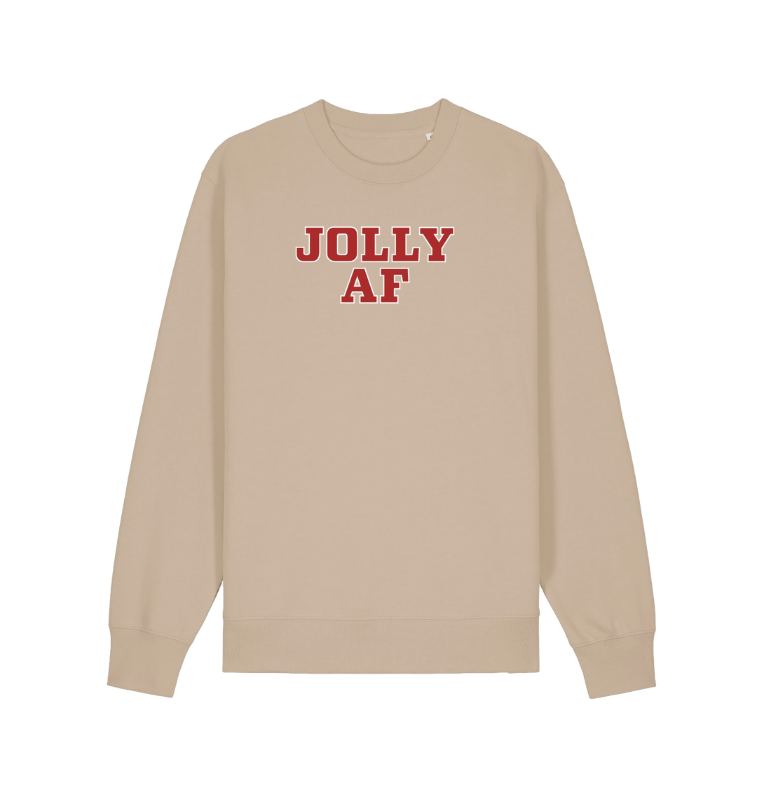 sand christmas sweater with the slogan 'jolly af'
