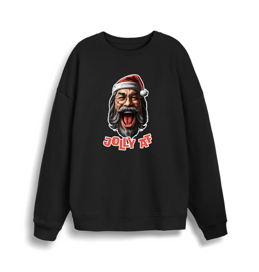 black xmas sweater with the graphic of santa and the slogan 'jolly af'