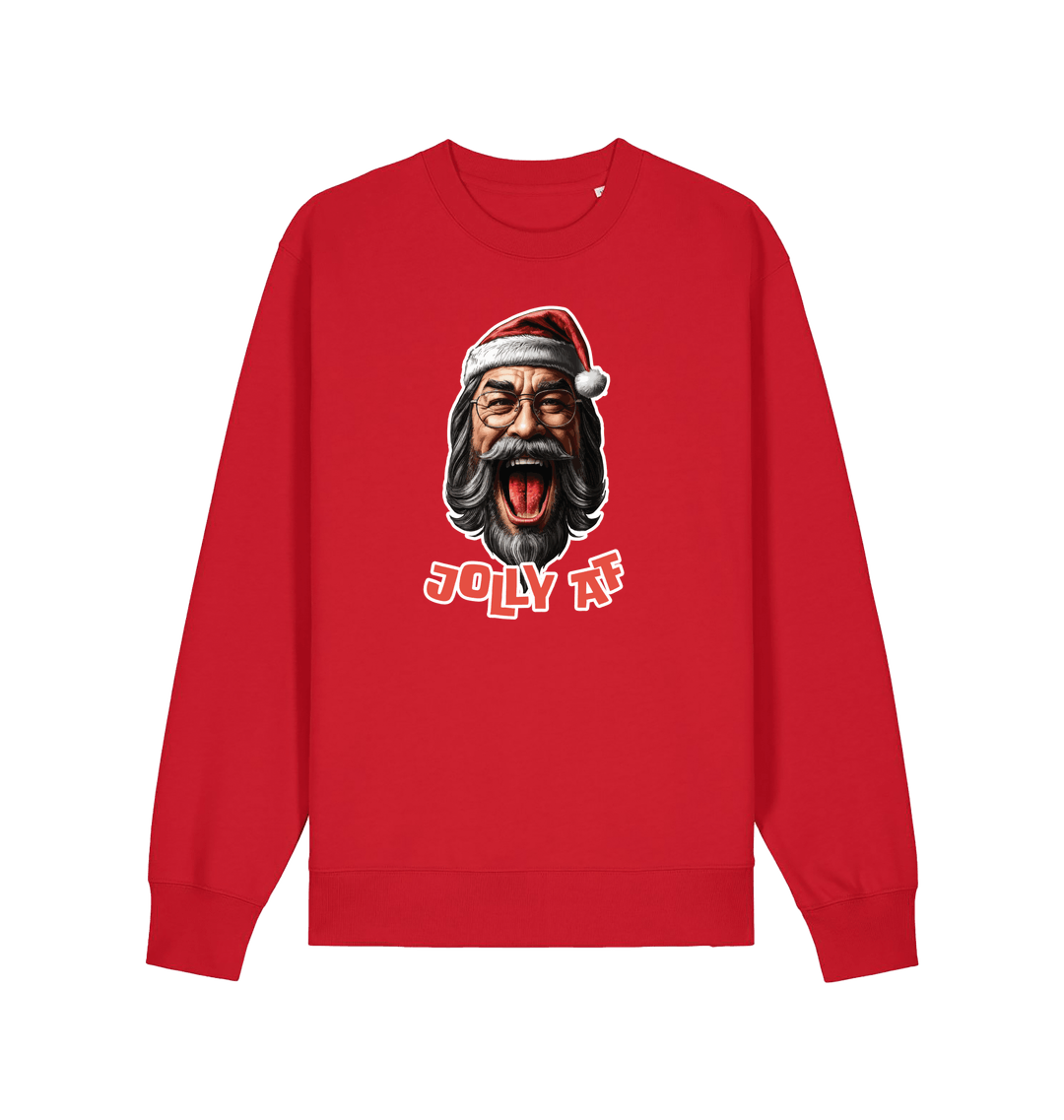 red xmas sweater with the graphic of santa and the slogan 'jolly af'