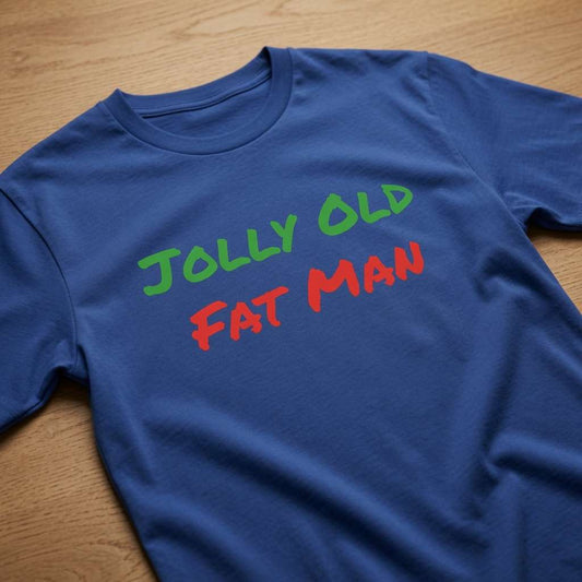 Blue Jolly Old Fat Man t-shirt on wood, mens family xmas dinner slogan