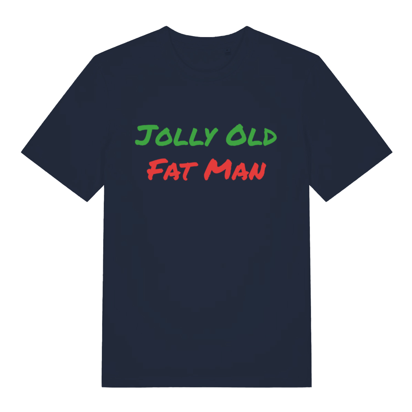 Navy Jolly Old Fat Man funny graphic t-shirt with classic “JOLLY OLD FAT MAN” festive design