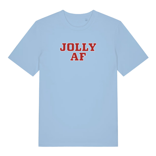 light blue christmas t-shirt with the slogan 'jolly af'