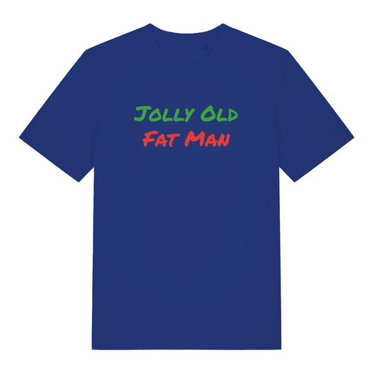 blue christmas t-shirt with the slogan 'jolly old fat man'