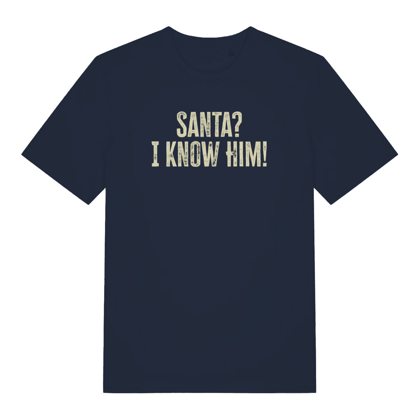 navy christmas t-shirt with the slogan 'santa i know him'