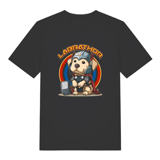 black women's funny animal t-shirt with the graphic of a cartoon dog dressed as thor and the slogan 'labrathor'