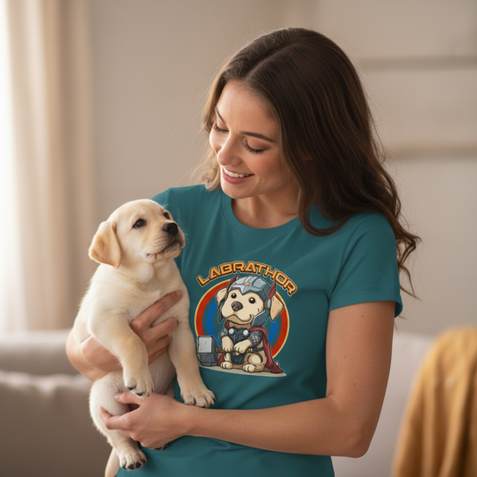 woman holding a puppy wearing a graphic t-shirt with a dog design
