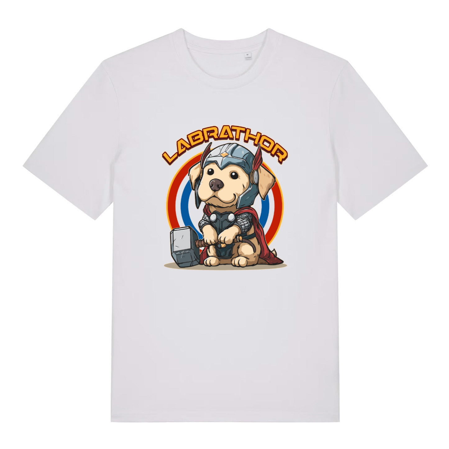 white women's funny animal t-shirt with the graphic of a cartoon dog dressed as thor and the slogan 'labrathor'