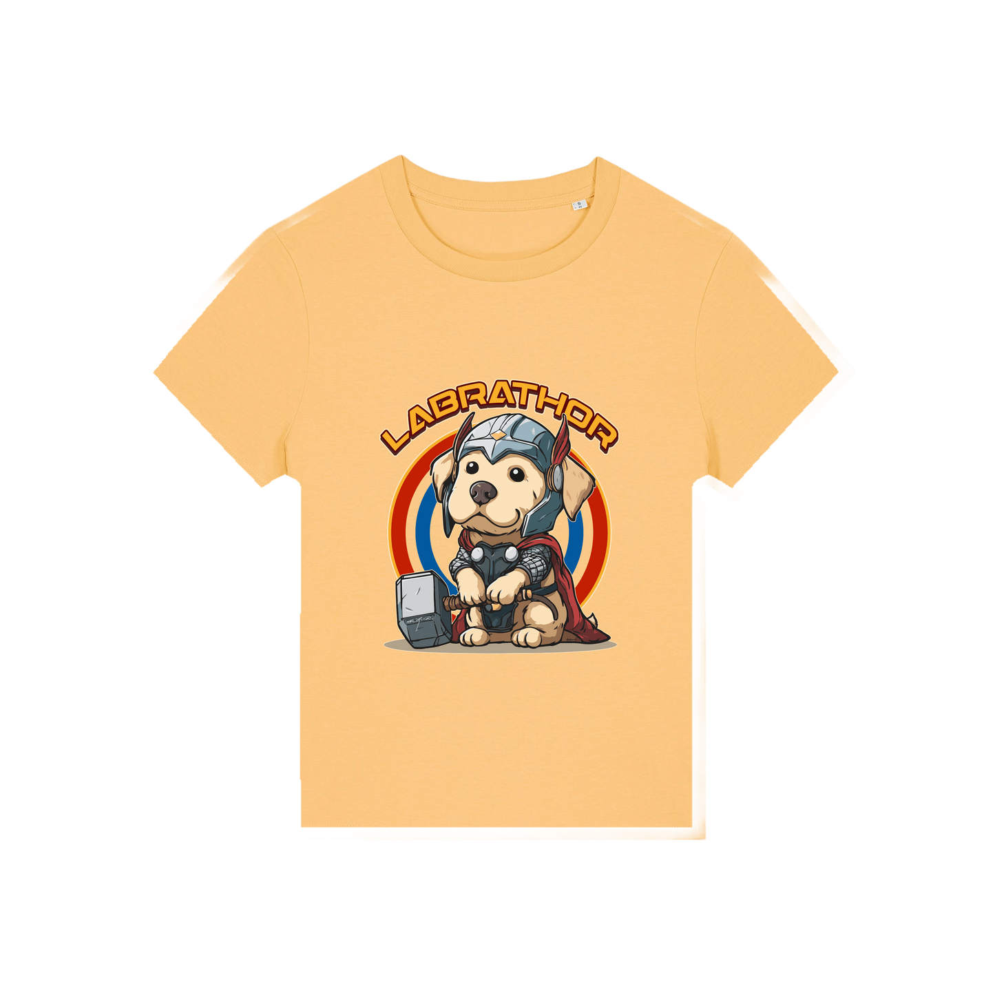 yellow animal t-shirt with the graphic of a dog dressed as thor and the slogan 'labrathor'