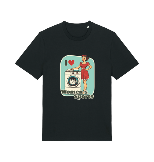 black funny offensive t-shirt with the graphic of a retro housewife stood next to a washing machine and the slogan 'i love women's sports'