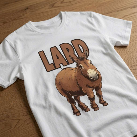 White Lard Ass t-shirt on wood featuring chubby donkey graphic, funny witty mens ass donkey pun graphic