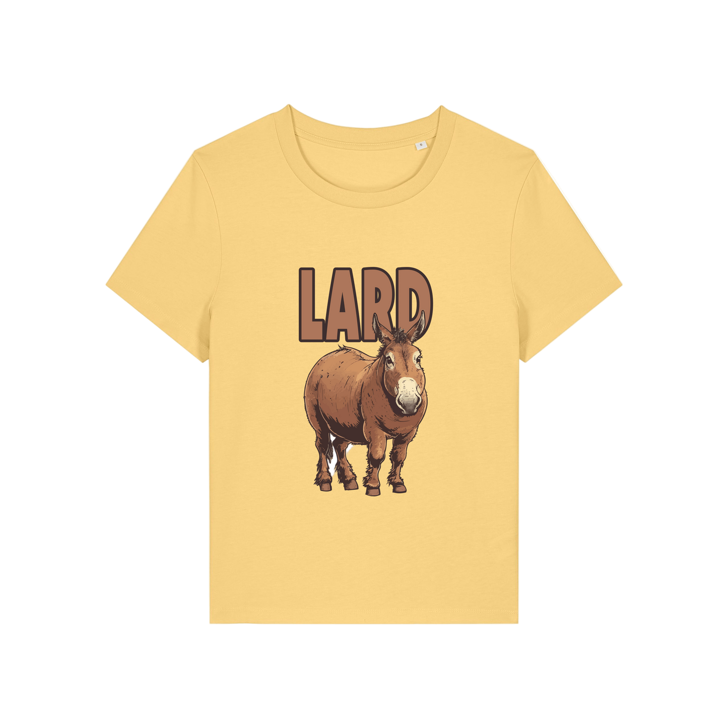 yellow funny offensive t-shirt with cartoon donkey and the slogan 'lard ass'