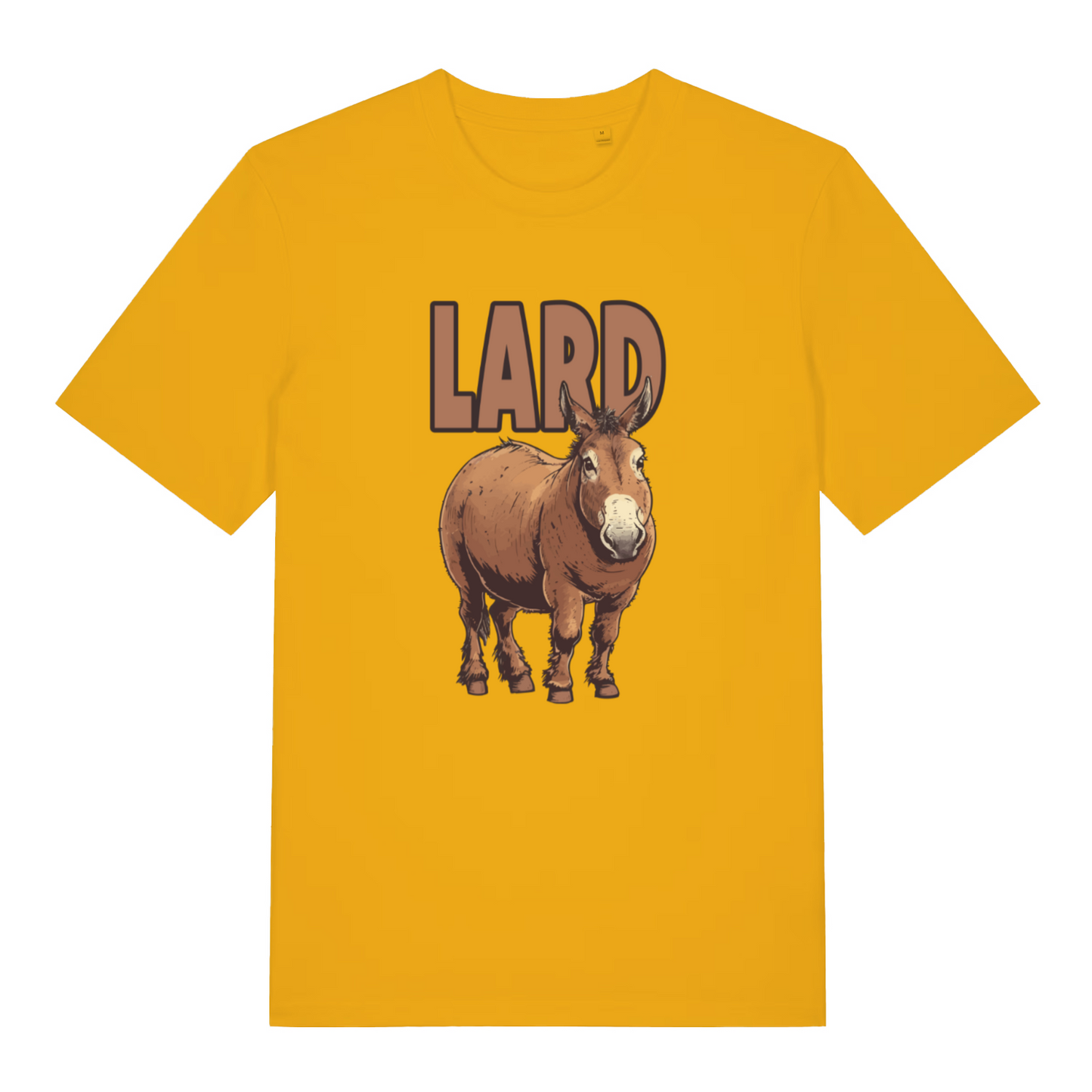 yellow funny animal t-shirt with a donkey graphic and the text 'LARD'