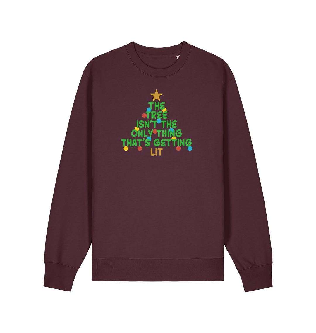red brown xmas sweater with the slogan 'the tree isn't the only thing that's getting lit'