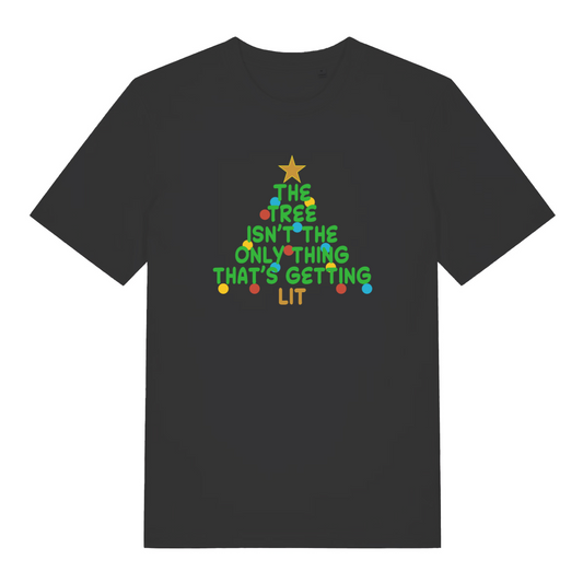 black women's xmas slogan t-shirt with the text 'the tree isn't the only thing that's getting lit'