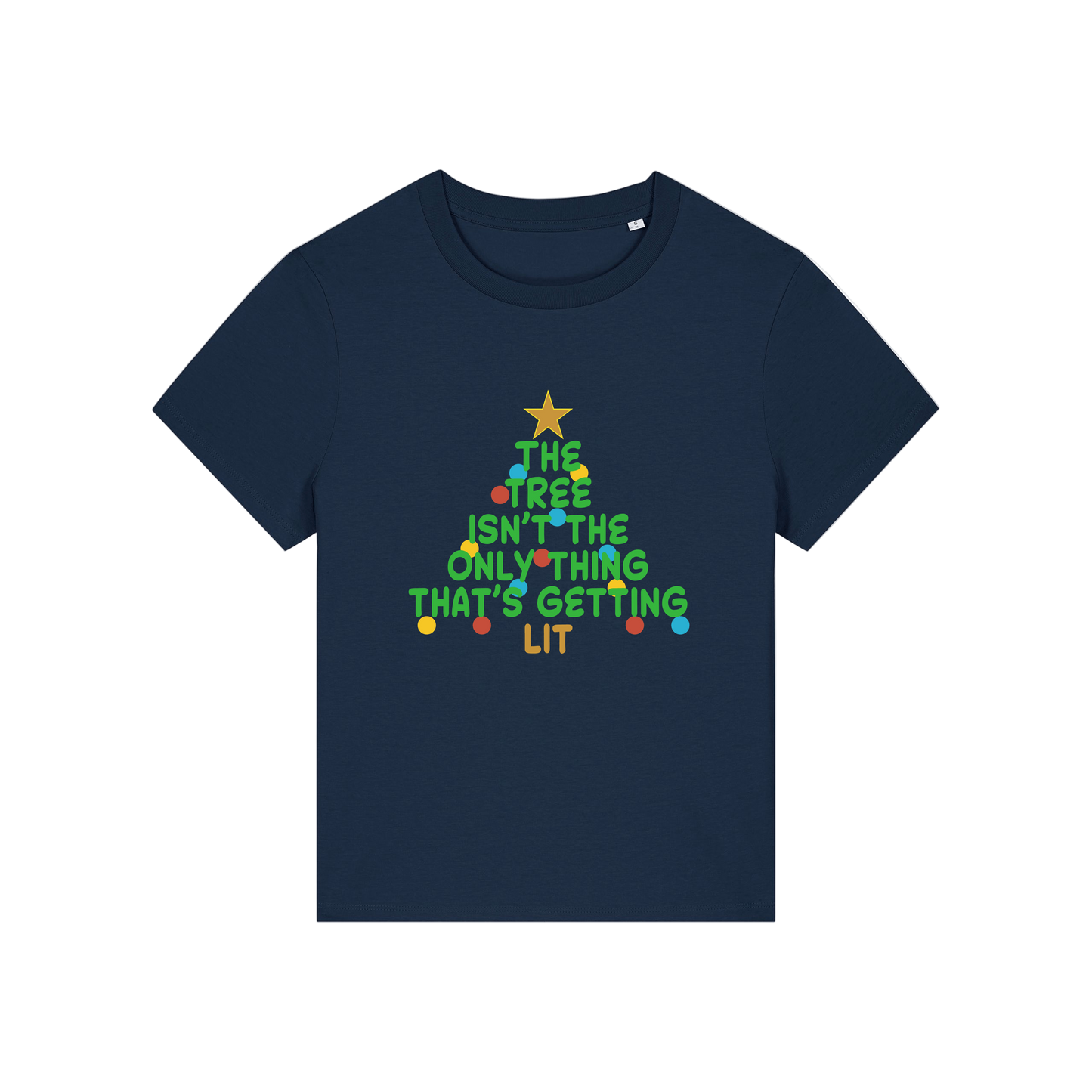 navy t-shirt with Christmas tree design and the slogan 'the tree isn't the only thing that's getting lit'