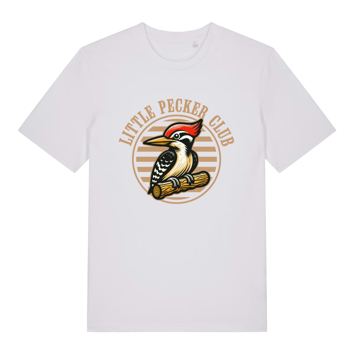 White Little Pecker Club funny graphic t-shirt featuring detailed cartoon woodpecker badge and “LITTLE PECKER CLUB” lettering