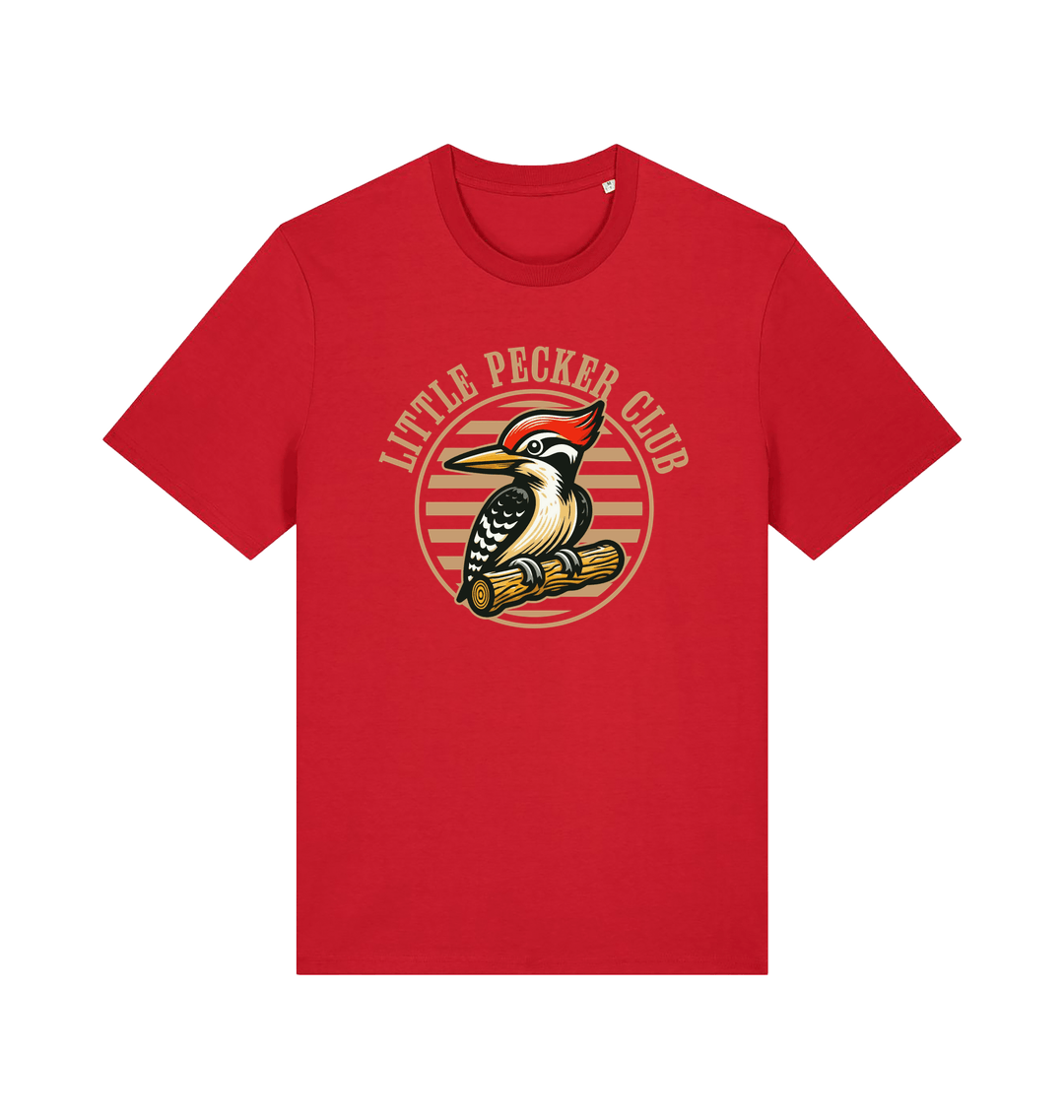 red funny offensive t-shirt with 'Little Pecker Club' graphic featuring a woodpecker