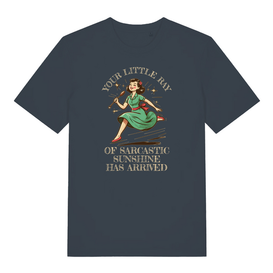 ink grey women's sarcastic t-shirt with the graphic of a retro housewife and the slogan 'you're little ray of sarcastic sunshine has arrived'