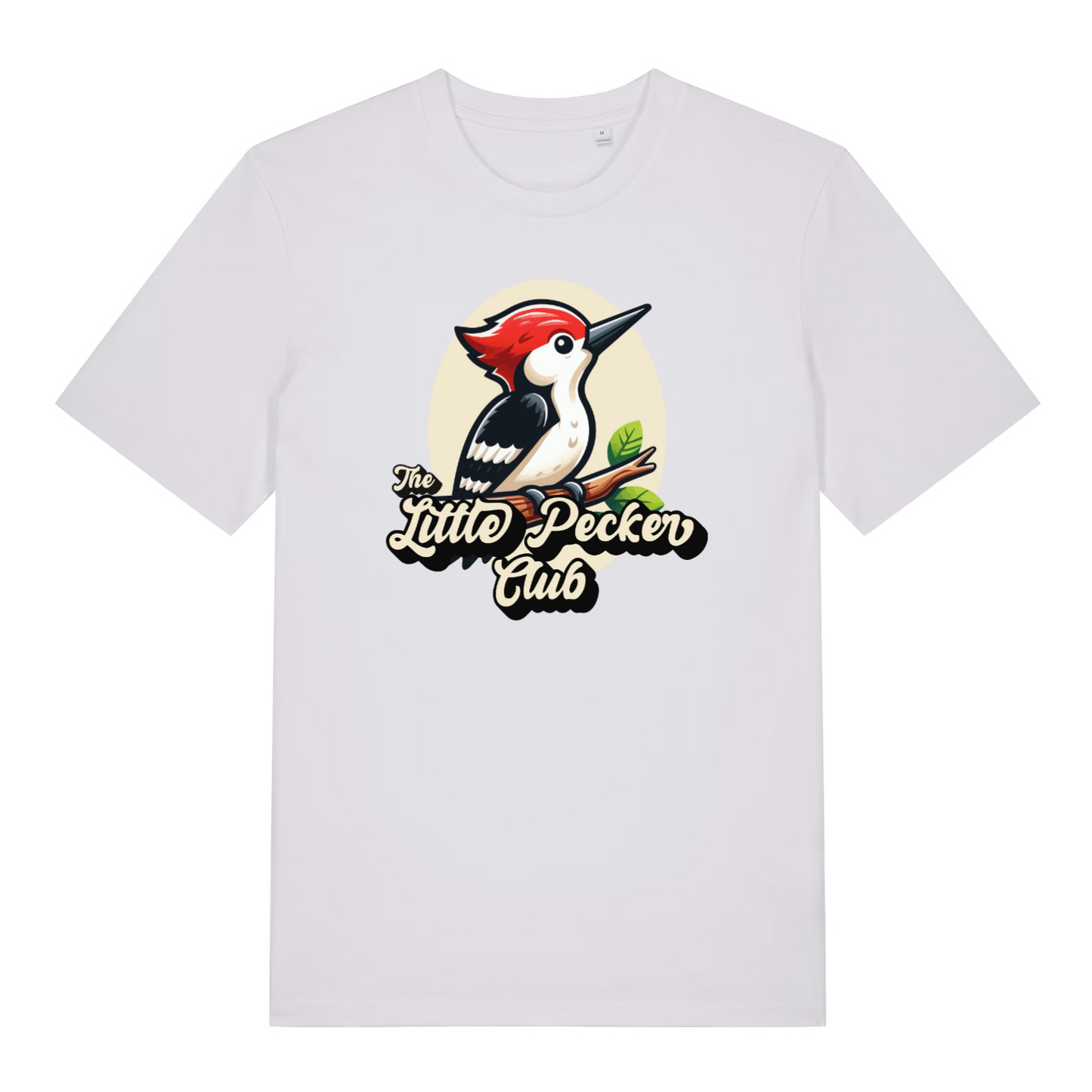 white funny animal t-shirt with a woodpecker design and the slogan 'the little pecker club'