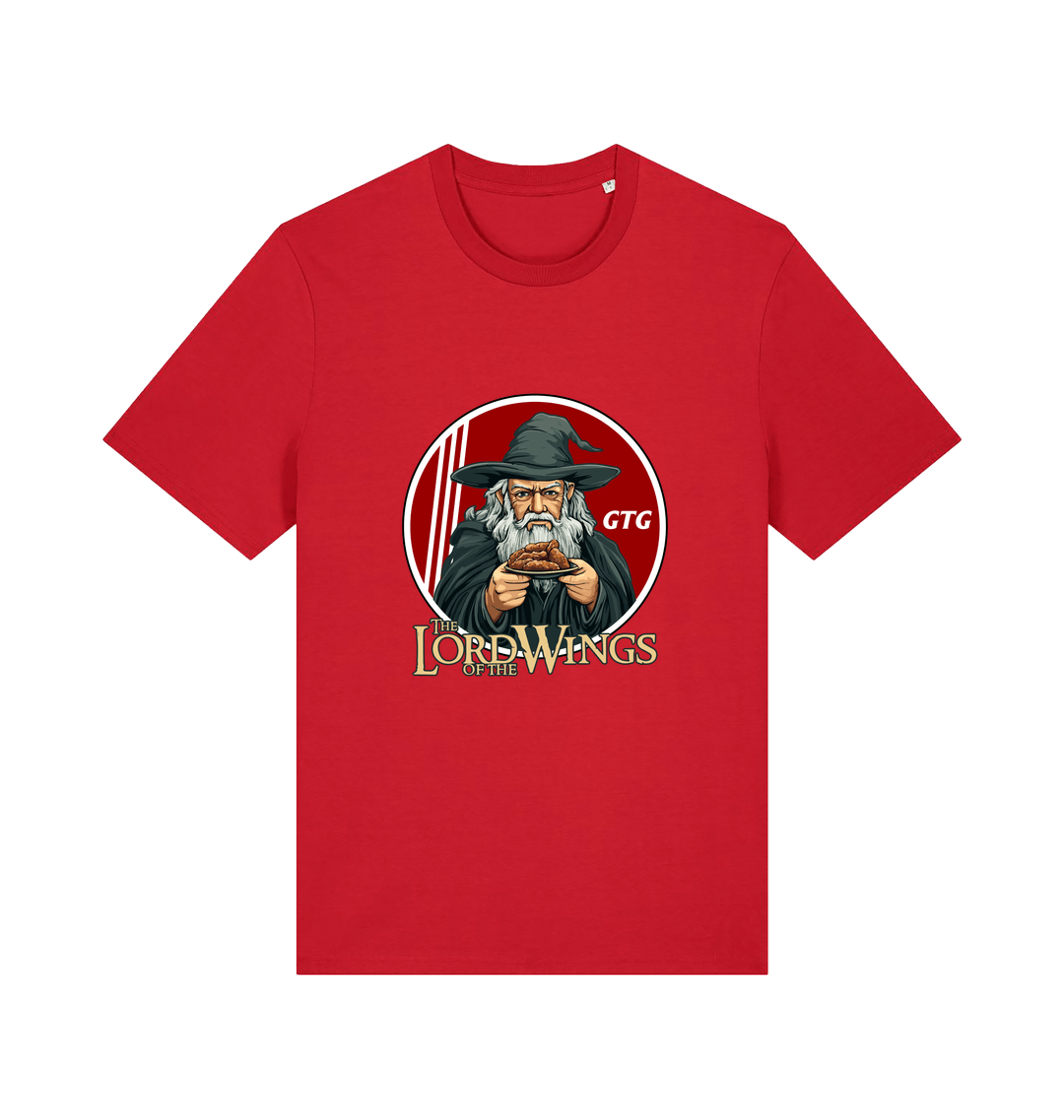 red funny t-shirt with a graphic design of a character holding a plate of fried chicken and the slogan 'lord of the wings'