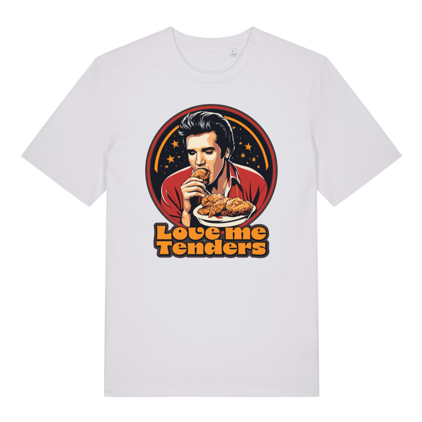 white funny graphic t-shirt with the graphic of a cartoon elvis eating fried chicken and the slogan 'love me tenders'