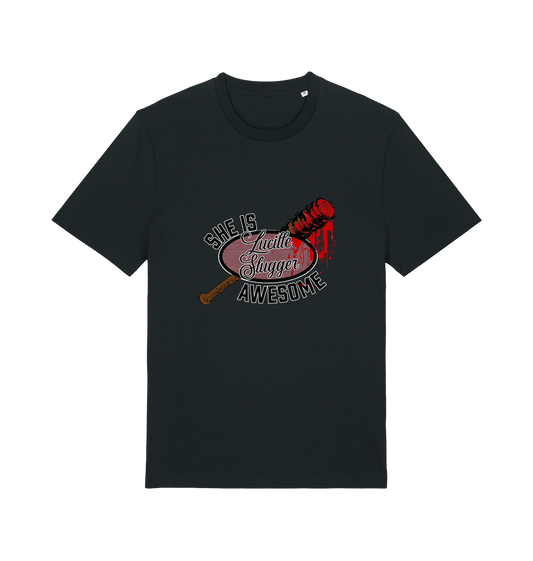 black graphic t-shirt with a baseball bat covered in blood and the slogan 'lucille slugger she is awesome'